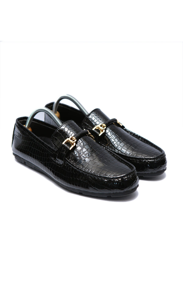 Moccasin Shoes Croc Style Patent Leather With Rubber Sole in Black