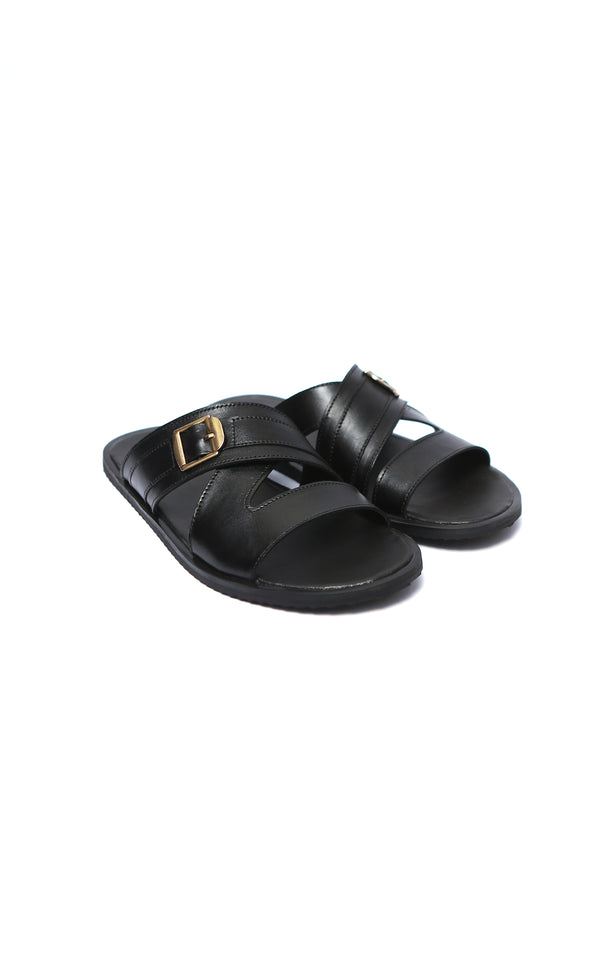 Leather Chappal With Buckle in Black