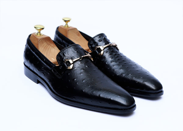 Ostrich Leather Buckle Shoes With Rubber Sole Black