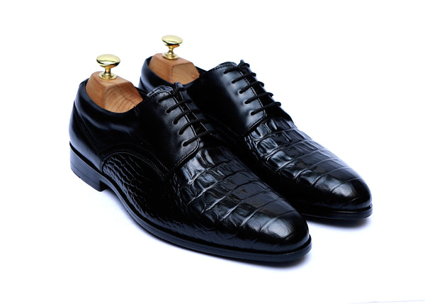 Lace-up Croc Leather Shoes Rubber Sole in Black