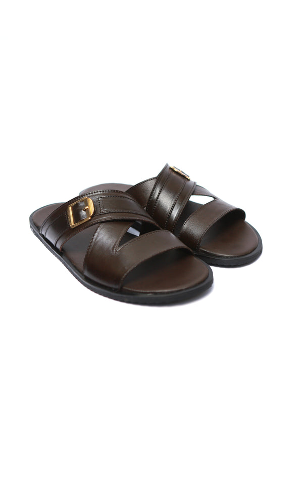 Leather Chappal With Buckle in Brown