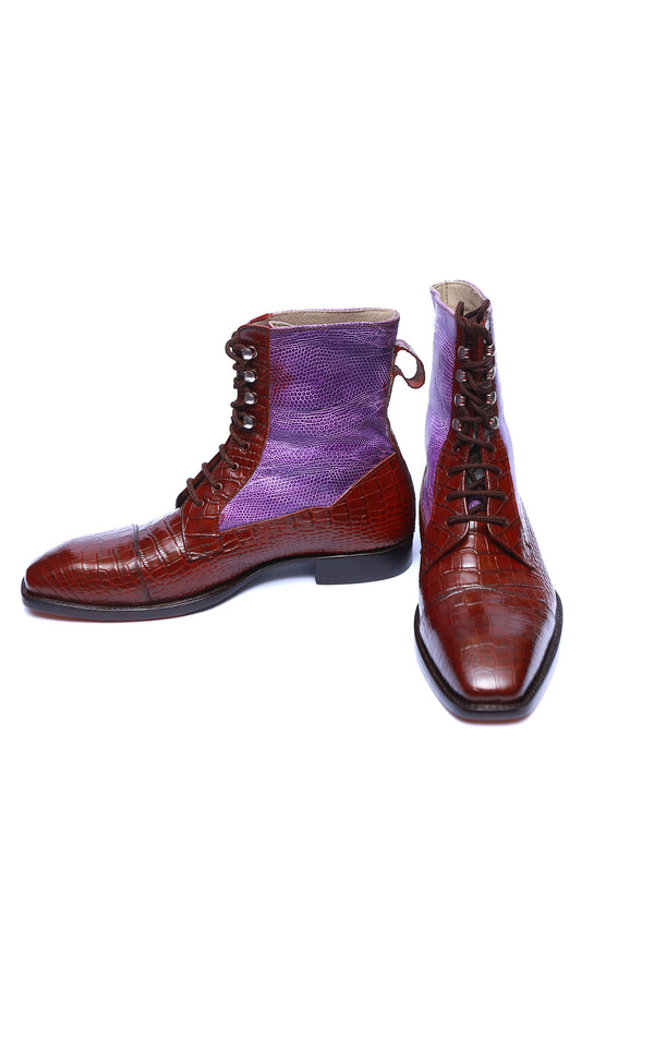 LACE-UP Plain Leather High Boots Maroon Color