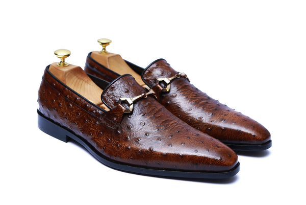 Ostrich Leather Buckle Shoes With Rubber Sole Two Tone