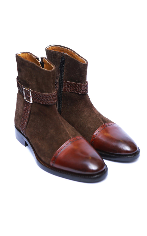 Suede Leather Classic Boots With Buckle In Brown