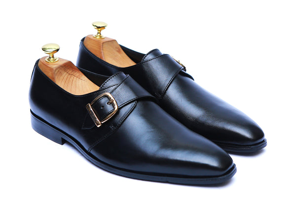 Single Monk Plain Leather Shoes Rubber Sole in Black