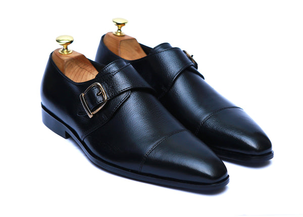 Single Monk Mild Leather Shoes Rubber Sole Black