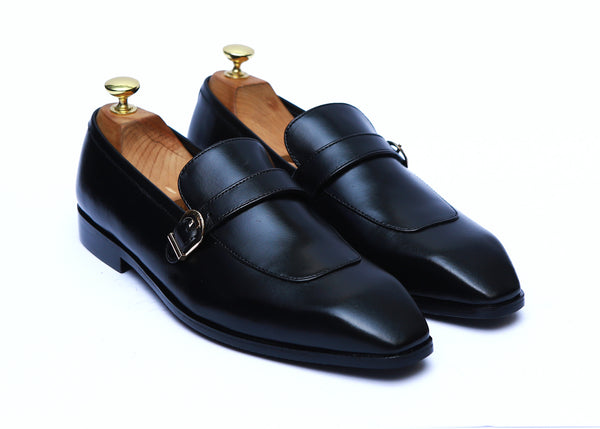 Single Monk Leather Toe Shoes Rubber Sole Black