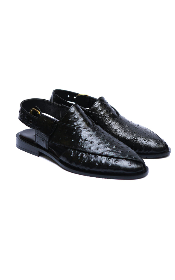 Black Ostrich Leather Peshawari Chappal