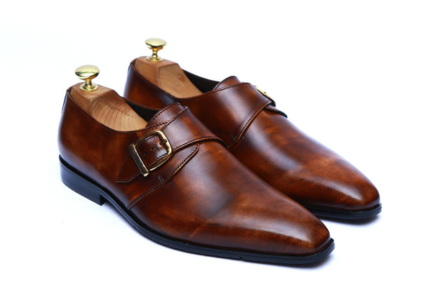 Single Monk Plain Leather Shoes Rubber Sole in Two Tone