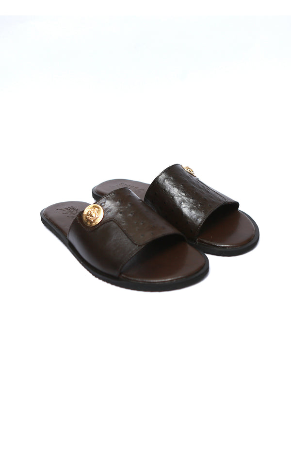 Ostrich Leather Chappal With Buckle in Brown