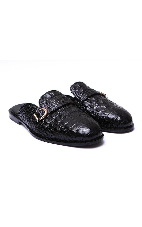 Single Buckle Croc Black Backless Mules