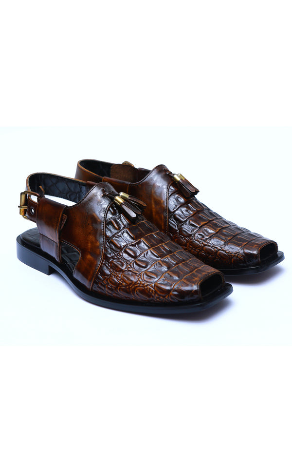 Croc Leather Peshawari Chappal With Tassel Two Tone