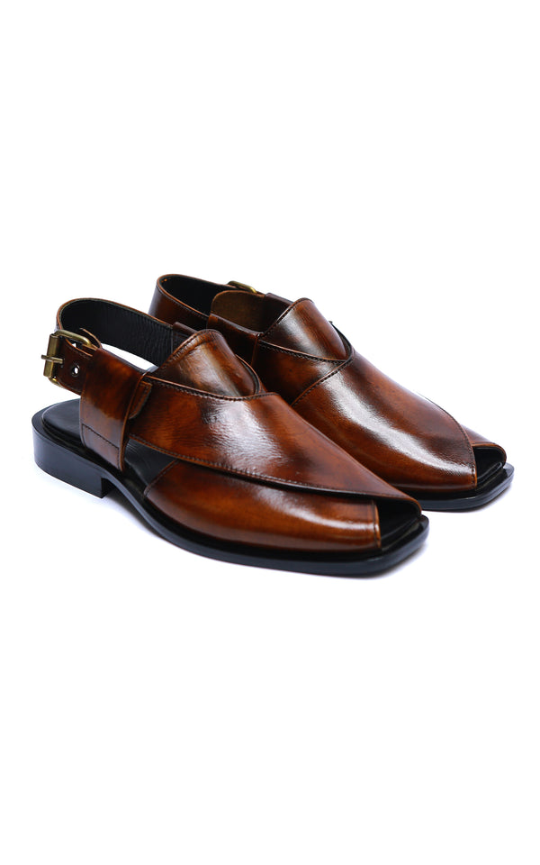 Traditional Handmade Plain Leather Peshawari Chappal Two-Tone