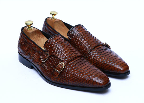 Fish Leather Double Monk Shoes Rubber Sole in Two Tone