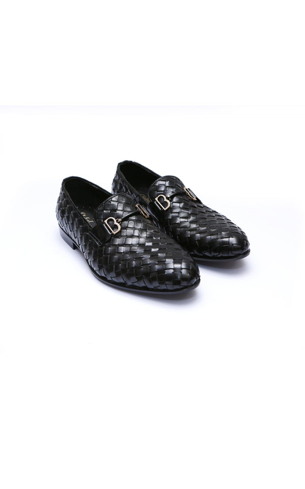 Men Woven Knitted Leather Loafers Shoe In Black