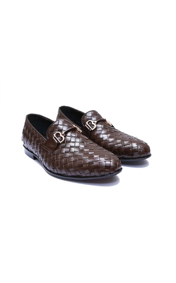 Men Woven Knitted Leather Loafers Shoe In Brown