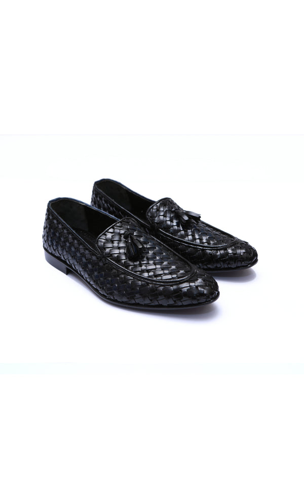 Black Hand-Knitted Tassel Loafer Shoes For Men