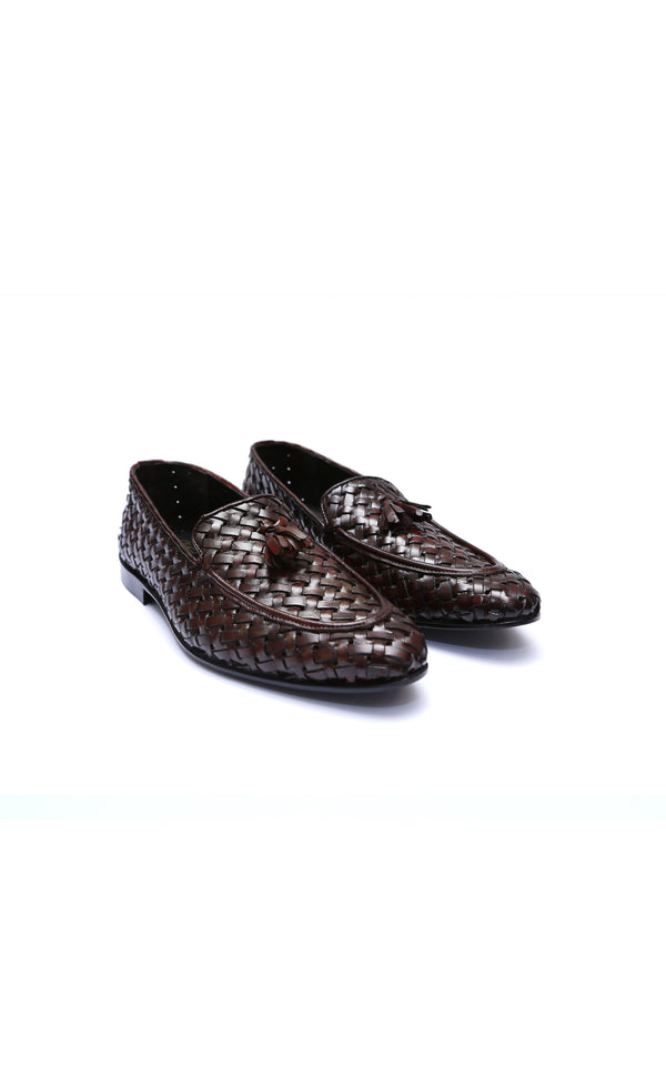 Burgundy Hand-Knitted Tassel Loafer Shoes For Men