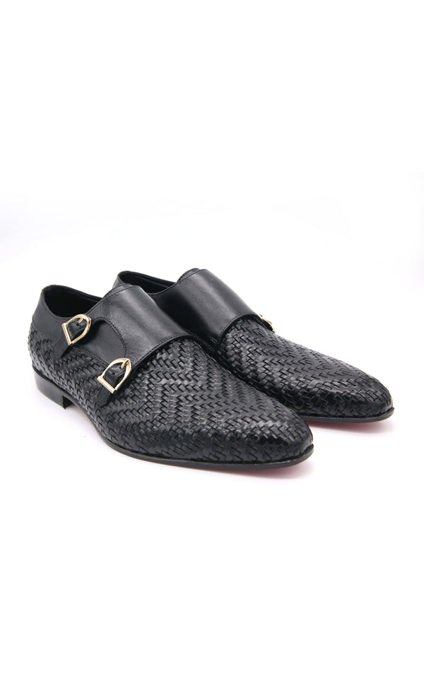 W-Knitting Leather Shoes Double Monk in Black