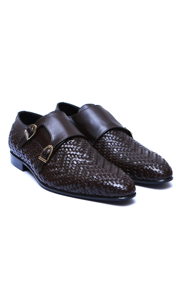 Double Monk W-Knitting Brown Leather Shoes