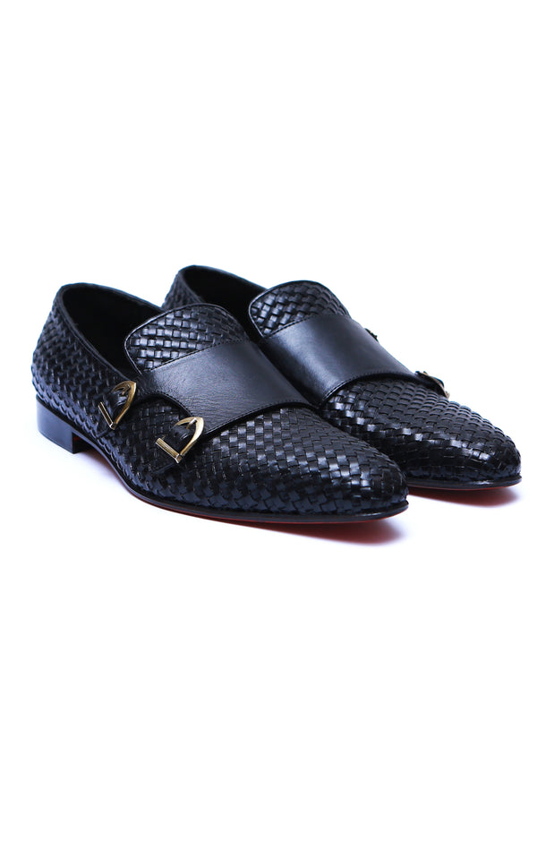 Small Knitting Leather Shoes Double Monk in Black