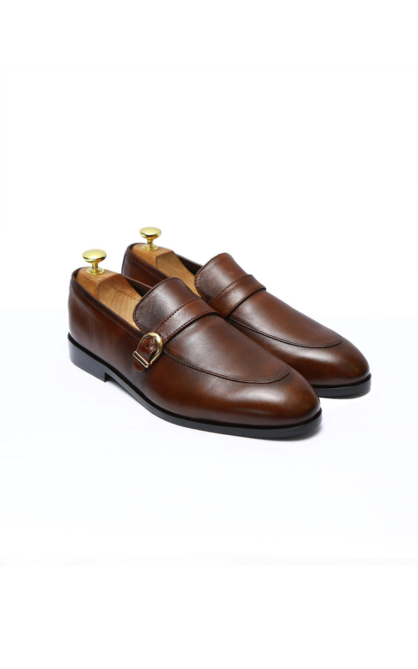 Single Monk Plain Leather Shoes Rubber Sole in Two Tone