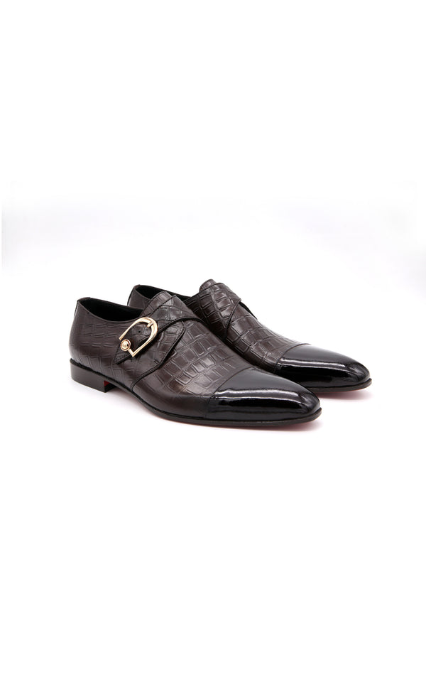 Single Monk Croc Leather Shoes in Brown