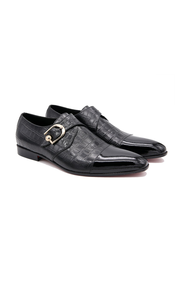 Single Monk Croc Leather Shoes in Black