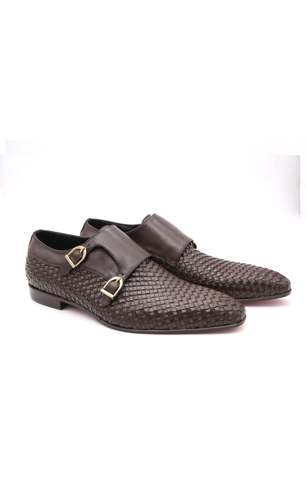 Knitting Shoes Double Monk Leather Shoes in Brown