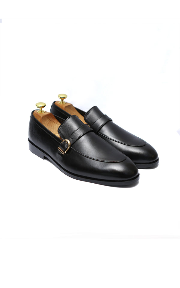 Single Monk Plain Leather Shoes Rubber Sole in Black