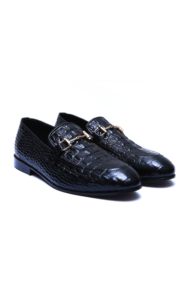 Handmade Croc Leather Buckle Shoes In Black Color