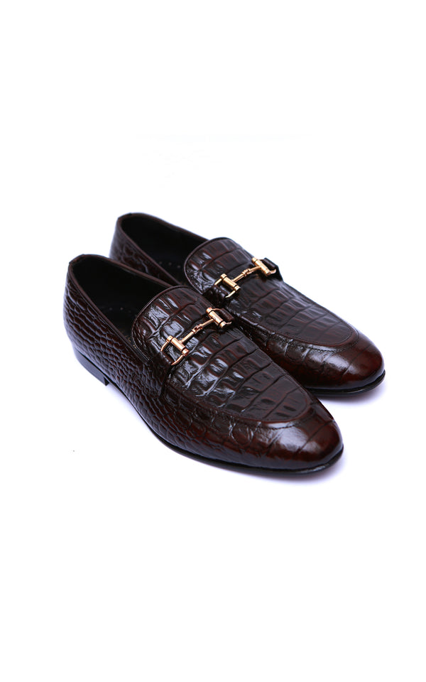 Handmade Croc Leather Buckle Shoes In Maroon Color