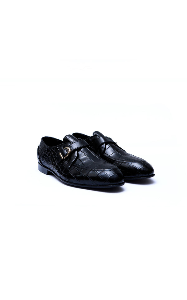 Single Monk Croc Formal Leather Shoes in Black