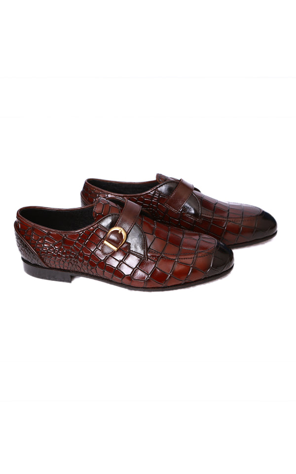 Single Monk Croc Formal Leather Shoes in Maroon