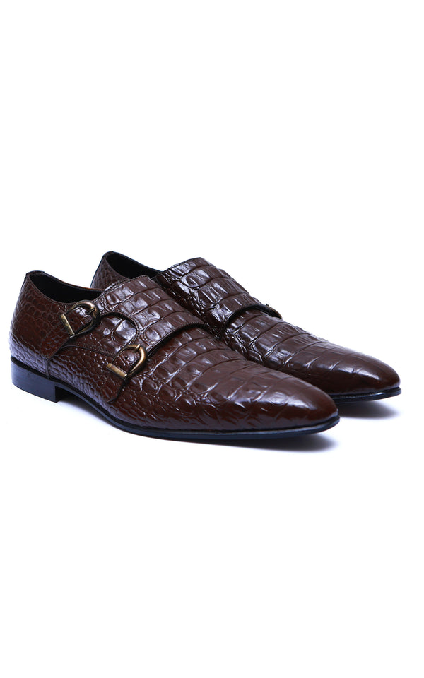 Double Monk Full Croc Leather Shoes In Brown