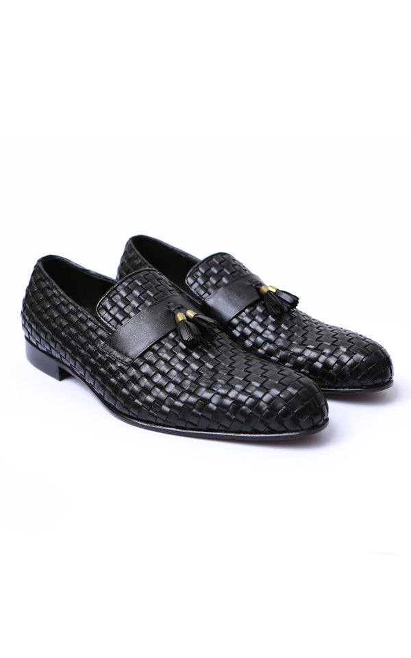 Mens Hand Knitted Leather Tassel Loafer Shoes in Black