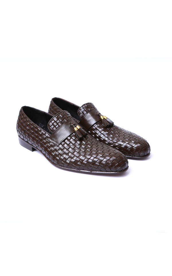 Mens Hand Knitted Leather Tassel Loafer Shoes in Brown