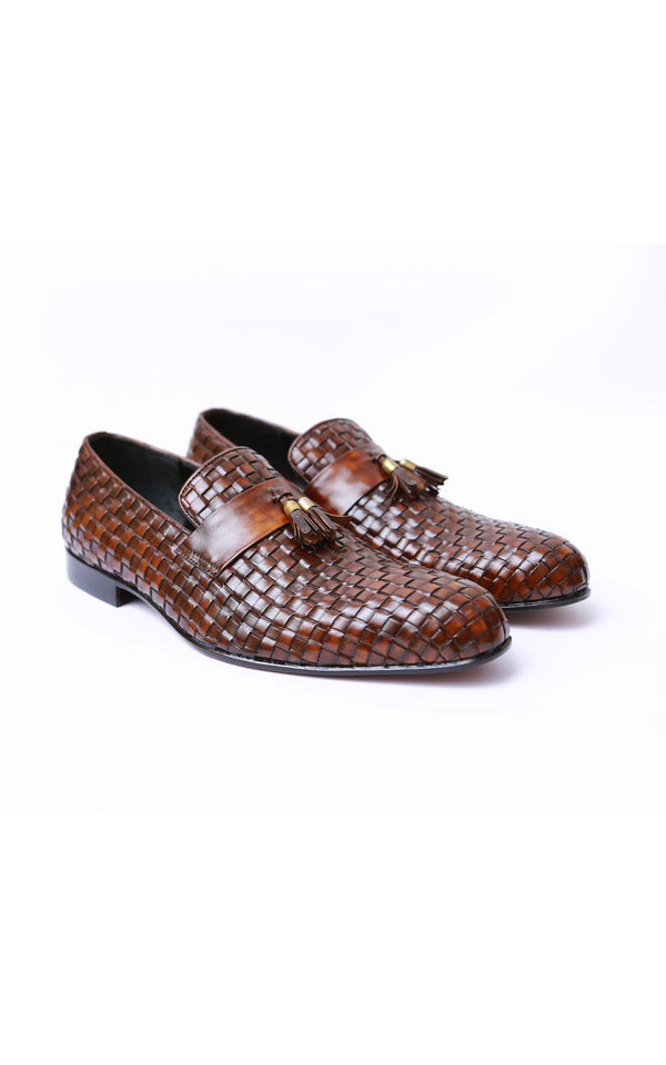 Mens Hand Knitted Leather Tassel Loafer Shoes in Two Tone