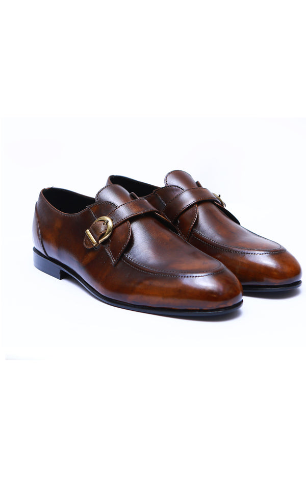 Single Monk Plain Leather Shoes In Two Tone