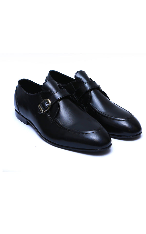 Single Monk Plain Leather Shoes In Black