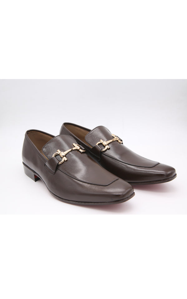 Plain Leather Formal Shoes With Large Buckle in Brown