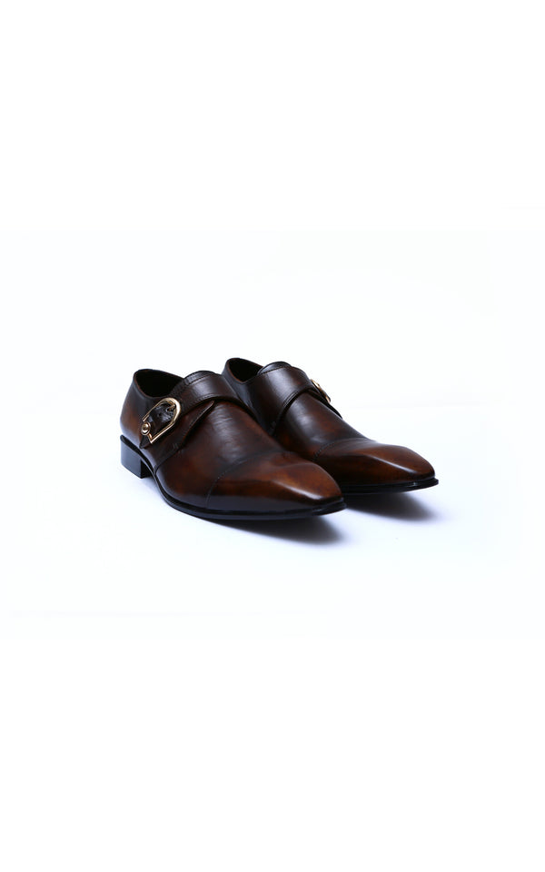 Single Monk Plain Leather Shoes With Toe In Two Tone