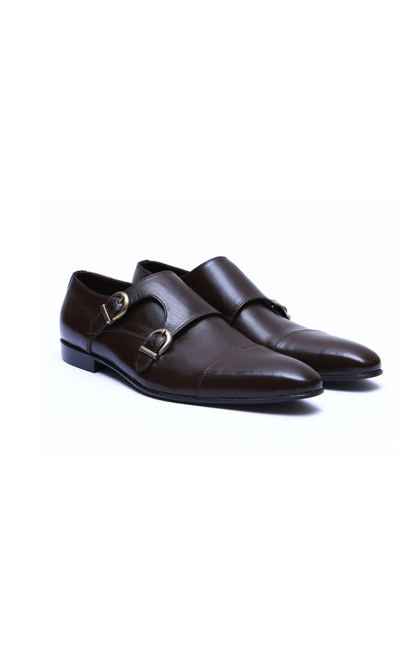 Double Monk Plain Leather Shoes In Brown