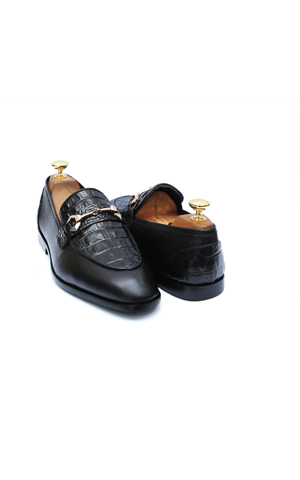 Croc Leather Shoes With New Buckle in Black
