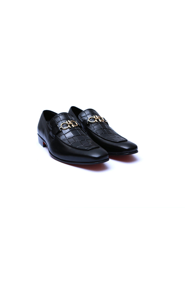 Half Croc Leather Shoes With Buckle In Black