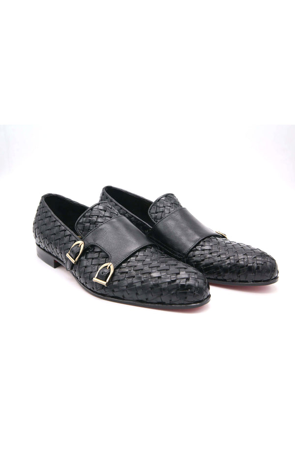 Double Monk Big Knitting Black Leather Shoes