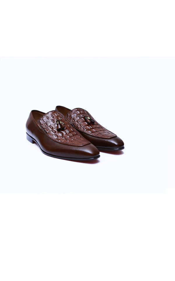 Half Croc Tassel Leather Shoes in Brown