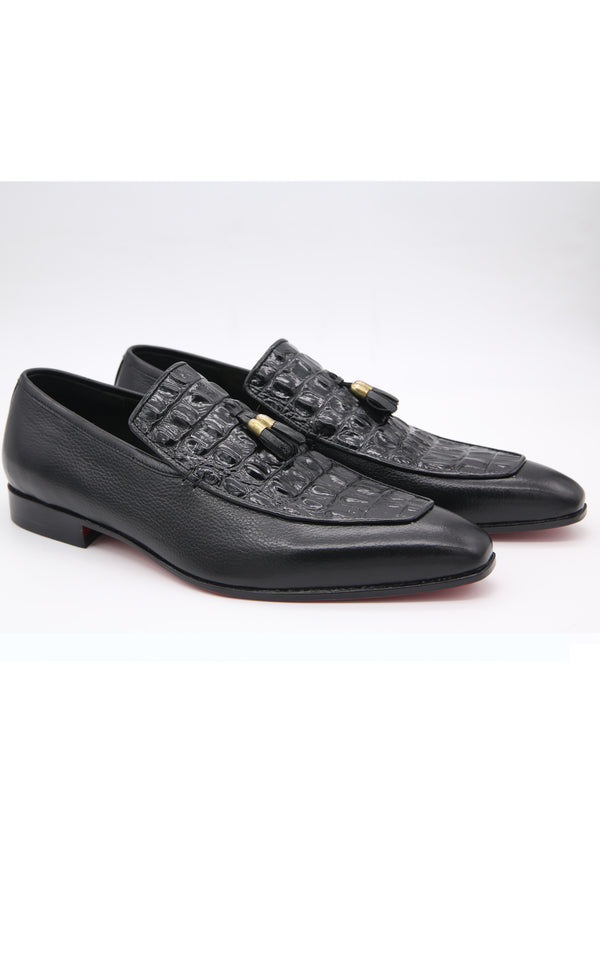 Half Croc Tassel Leather Shoes in Black