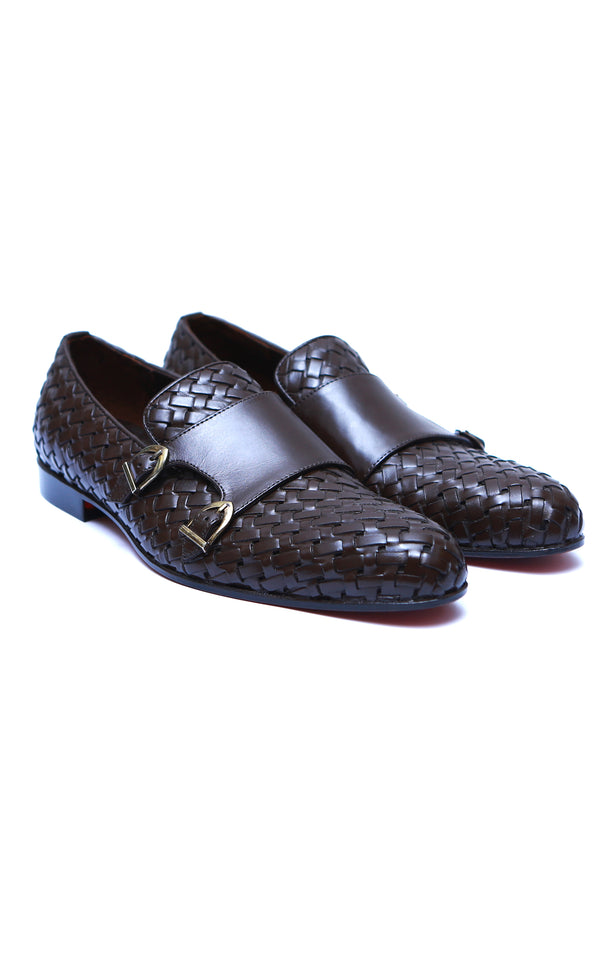 Double Monk Big Knitting Brown Leather Shoes