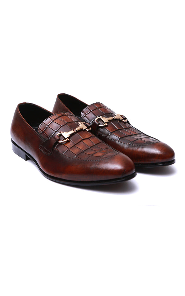 Half Croc Leather Shoes With Buckle in Two Tone